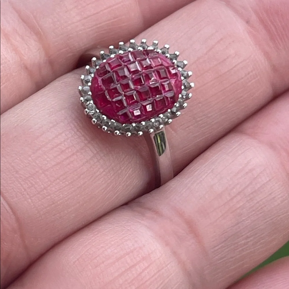 Natural Ruby Princess Cut Halo Ring White Topaz Accent in 925 Silver Size 7